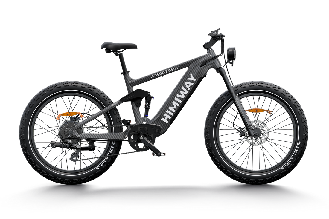 A full suspension electric mountain bike, Himiway Cobra, with black frame and orange details on the wheels and branding.