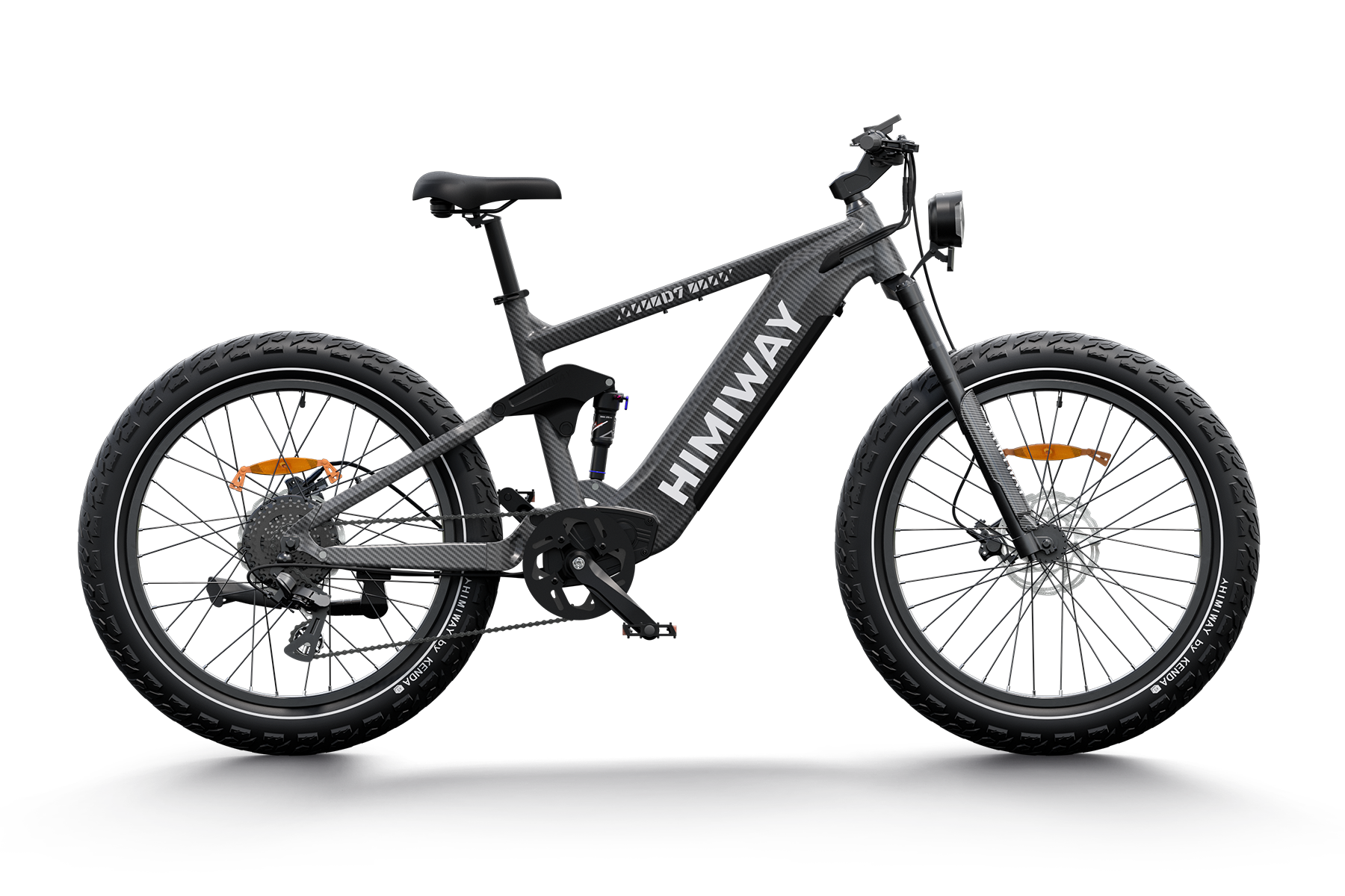 A full suspension electric mountain bike, Himiway Cobra, with black frame and orange details on the wheels and branding.