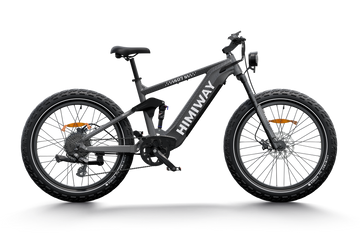 A full suspension electric mountain bike, Himiway Cobra, with black frame and orange details on the wheels and branding.