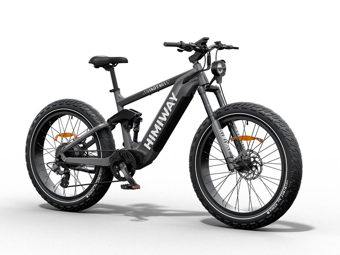 A full suspension electric mountain bike, Himiway Cobra, with black frame and orange details on the wheels and branding.